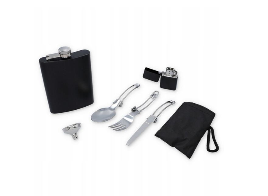 Poklon set: Pljoska 240 ml + upaljač + lijevak + sklopivi pribor za kampiranje