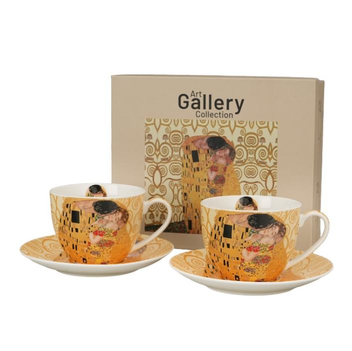 Porculanske šalice za kavu 2/1 270 ml u poklon kutiji – The Kiss Ecru – Gustav Klimt