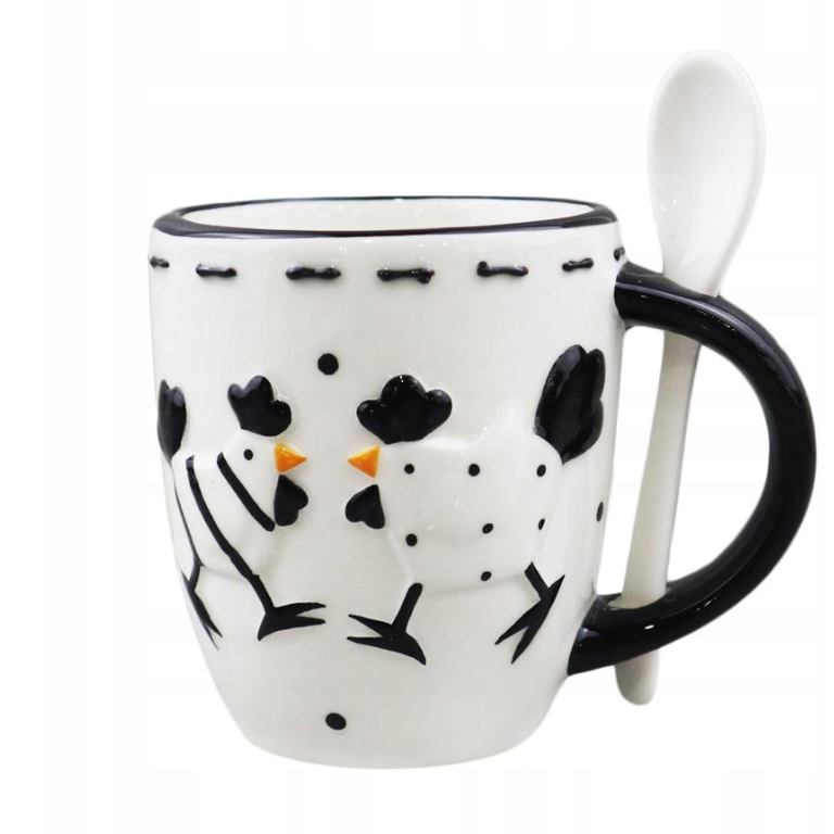 Porculanska/keramička šalica s žličicom – motiv crnih kokoši, 320 ml 
