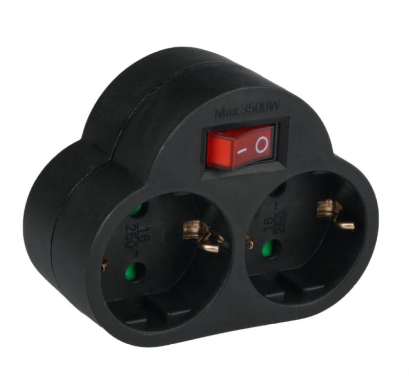 Schuko električni razdjelnik DPM SP904B – 2 utičnice s uzemljenjem, s prekidačem, crni