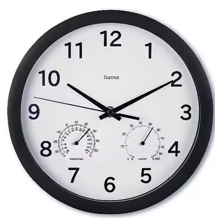 Hama Malta – Zidni sat Ø 25 cm s termometrom i higrometrom (crni)