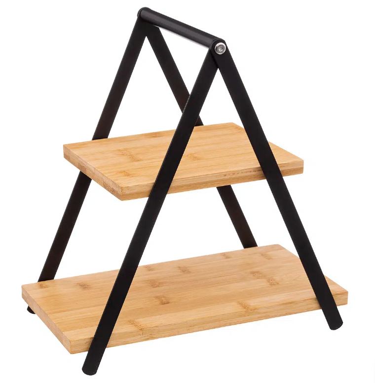 Stalak za serviranje s 2 nivoa – bambus, 28×15,6×29,3 cm (bež/crna)