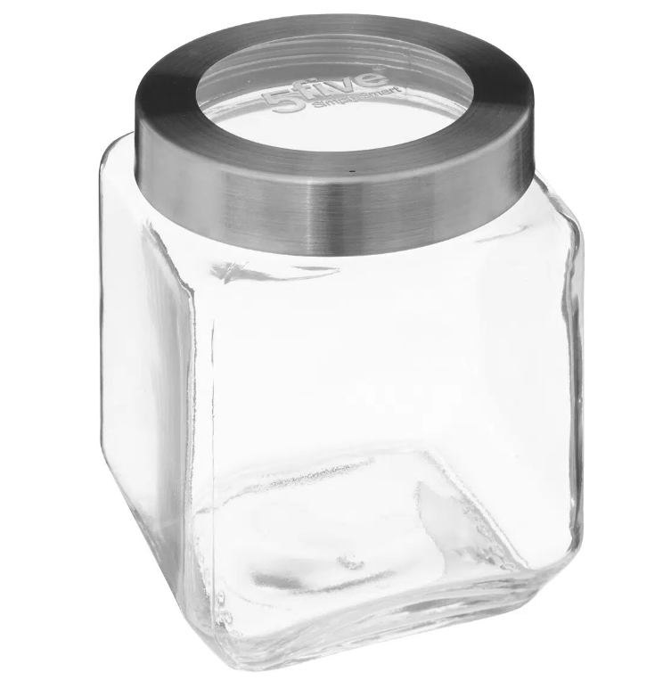 FIVE staklenka s poklopcem Miro – 1,2 L, staklo/nehrđajući čelik/polistiren/polipropilen, prozirna, 11,4×11,4×14,2 cm