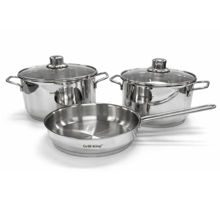 Grill King START 5u1 set posuđa – nehrđajući čelik 18/10, indukcijsko dno, 22 cm tava + 2 lonca s poklopcima