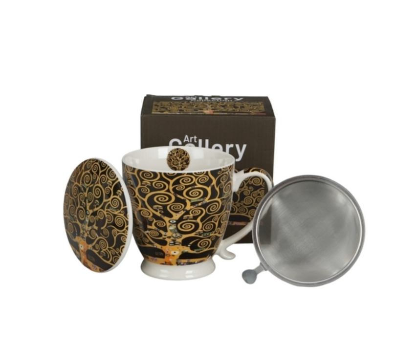 Porculanska šalica s infuzerom – „Drvo života”, brown, set za čaj s poklopcem i difuzorom